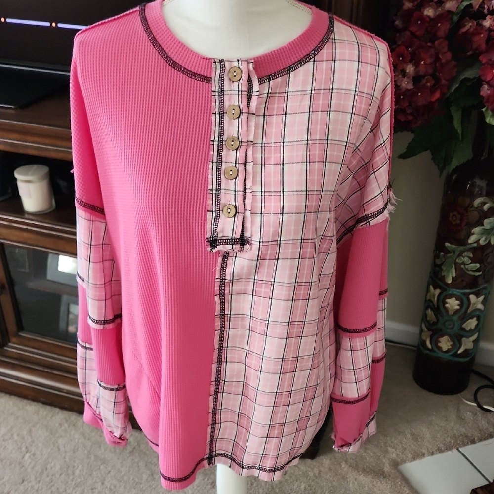 NWOT Bibi Pink Mixed Plaid Button Henley Top